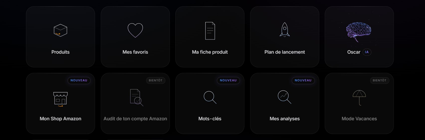 L'accueil de l'application SellerScale : produits, favoris, fiche produit, plan de lancement, Oscar, shop Amazon, mots-clés, analyses.