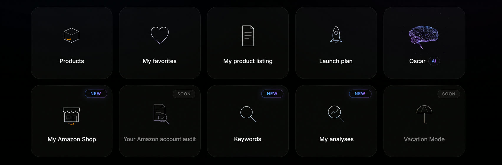 The SellerScale app home: products, favorites, product listing, launch plan, Oscar, My Amazon Shop, keywords, analyses.