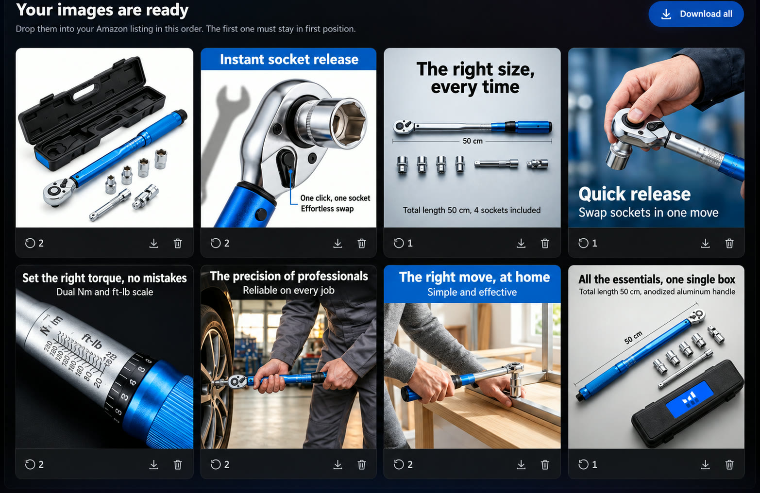 SellerScale's image generator: the eight photos of the listing, ready to drop into the Amazon seller account.