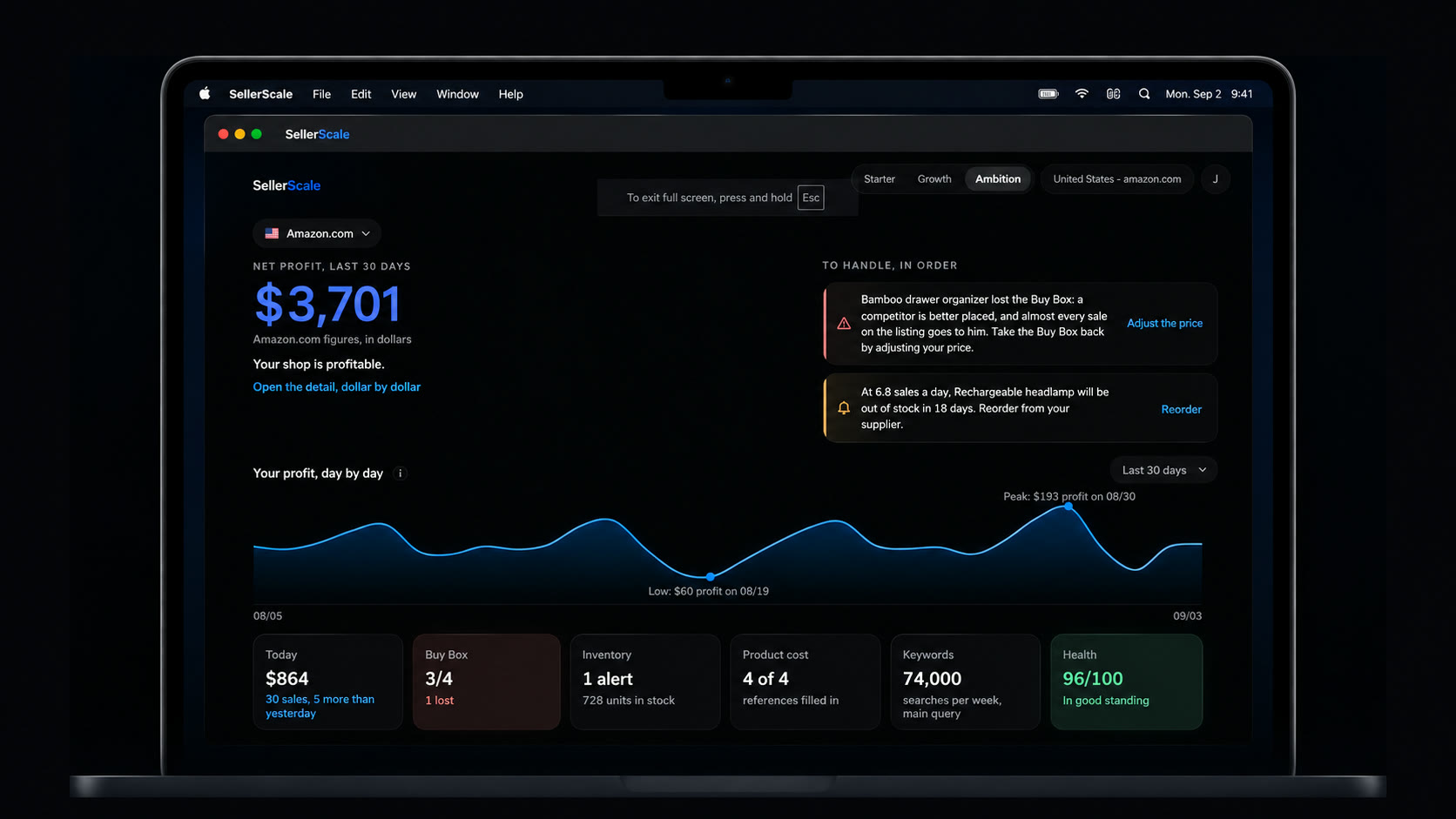 The SellerScale app open on a Mac: the net profit of the last thirty days, the alerts to handle, the day-by-day profit curve and the store's indicators.