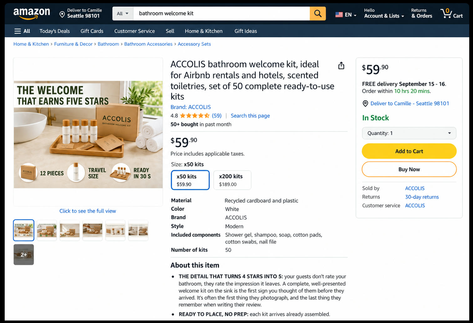 The product's Amazon page, generated by SellerScale: title, price, variants, details and buy box.