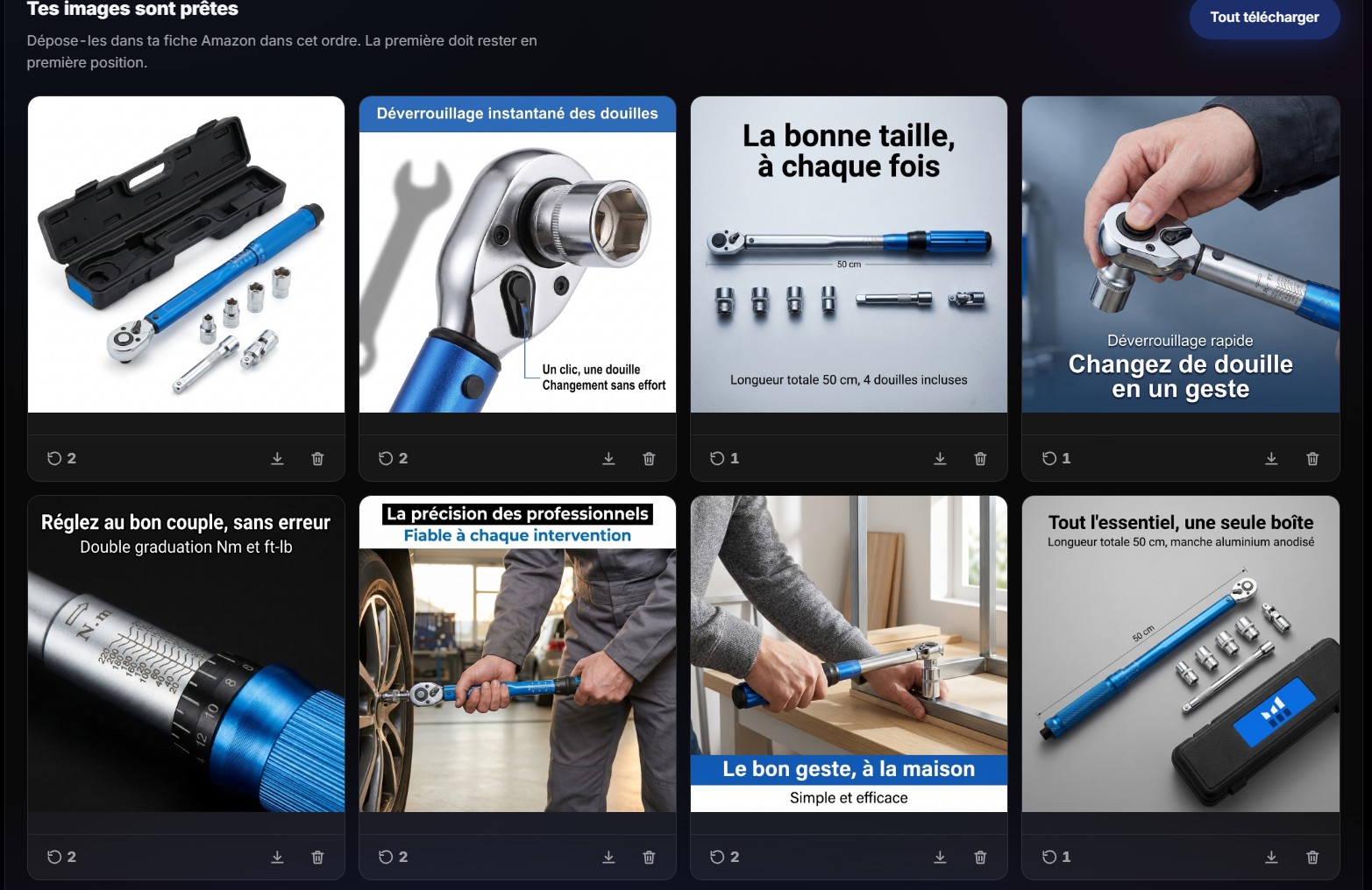Le générateur d'images de SellerScale : les huit photos de la fiche produit, prêtes à déposer dans le compte vendeur Amazon.
