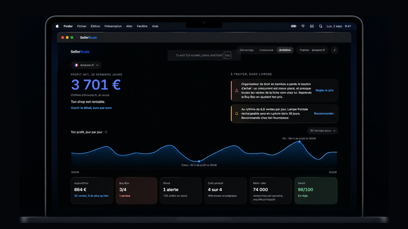 L'application SellerScale ouverte sur un Mac : le profit net des trente derniers jours, les alertes à traiter, la courbe du profit jour par jour et les indicateurs de la boutique.