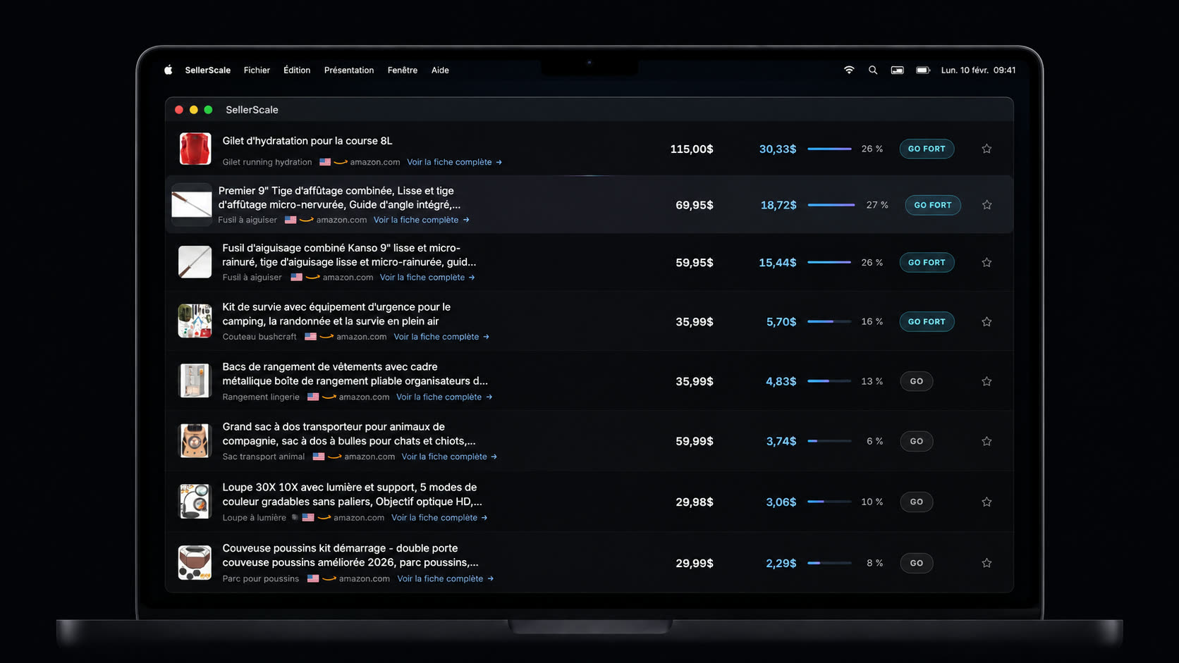 L'application SellerScale ouverte sur un Mac : la liste des produits trouvés, avec leur prix de vente, leur profit net et leur marge.