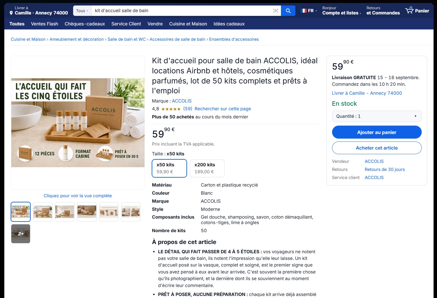 La page Amazon du produit, générée par SellerScale : titre, prix, variantes, caractéristiques et bloc d'achat.