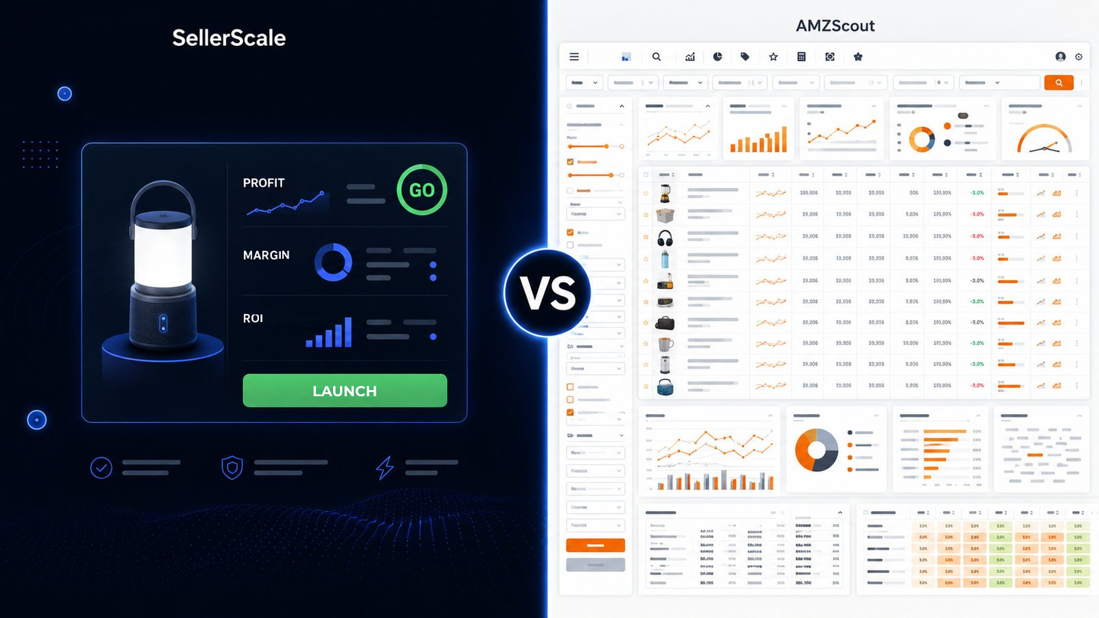 SellerScale compared with AMZScout: on the left SellerScale shows one Amazon FBA product already checked with its numbers, on the right AMZScout shows a database you have to analyze yourself.