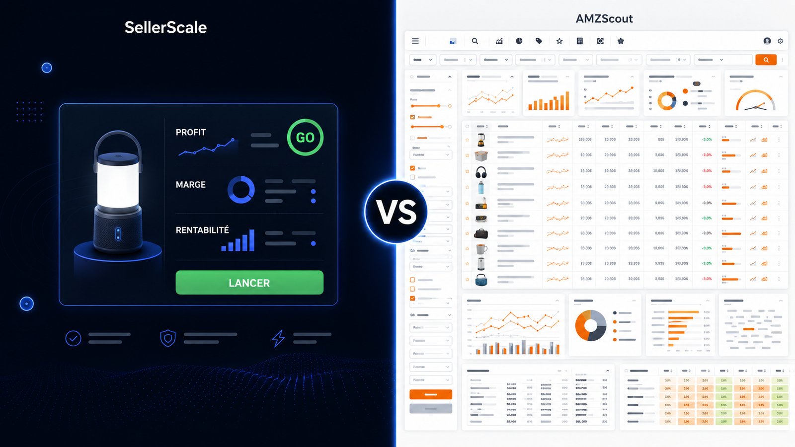 Comparatif visuel SellerScale contre AMZScout : à gauche SellerScale dévoile un produit Amazon FBA déjà validé et chiffré en français, à droite AMZScout affiche une base de données à analyser soi-même.