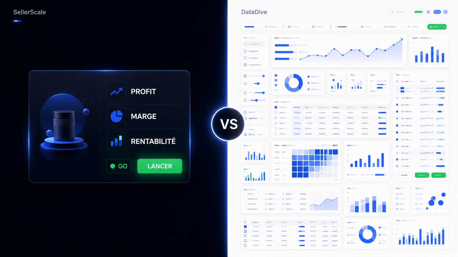 Comparatif SellerScale vs DataDive : SellerScale trouve le produit Amazon FBA validé en français, DataDive affiche des données de mots-clés en anglais pour experts.