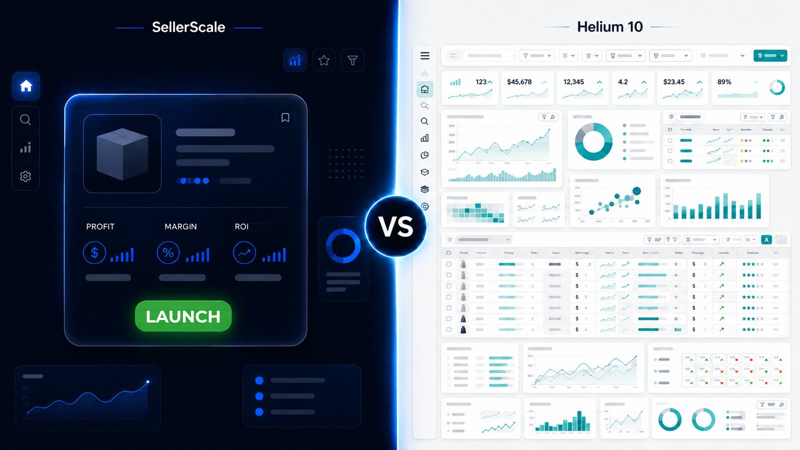 SellerScale next to Helium 10: a clean Amazon product finder against a Helium 10 data dashboard