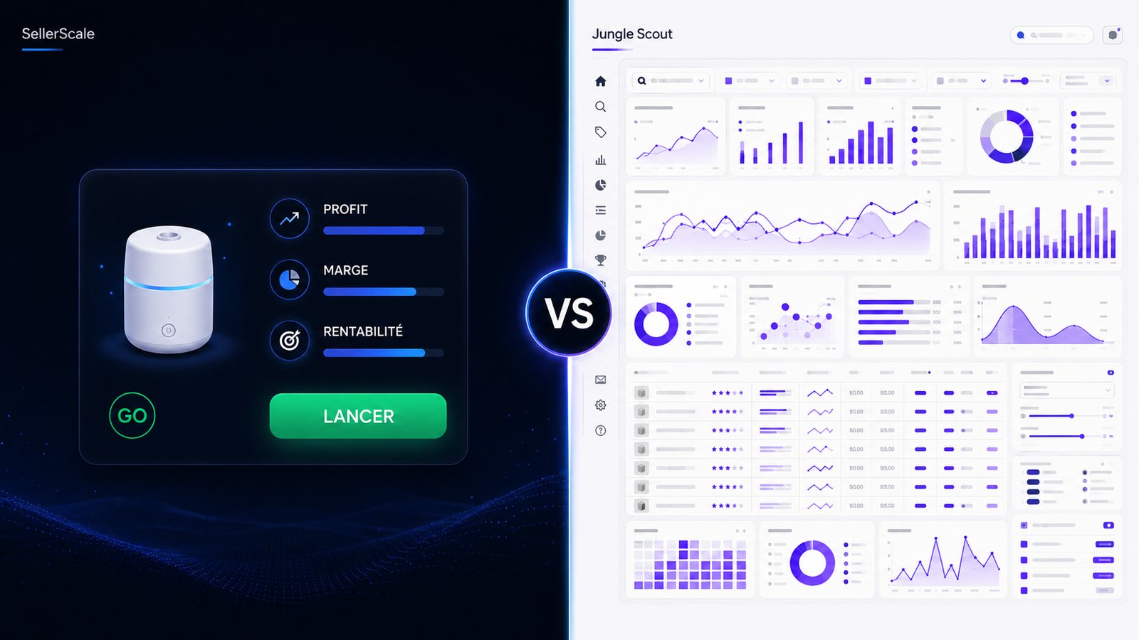 Comparatif SellerScale contre Jungle Scout : à gauche SellerScale présente un produit Amazon FBA déjà validé et chiffré, à droite Jungle Scout affiche une base de données de recherche produit à analyser soi-même.