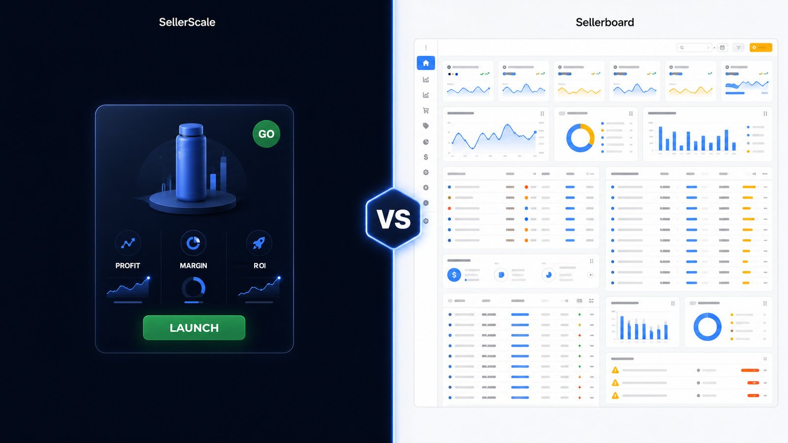 SellerScale compared to Sellerboard: on the left SellerScale handing over an Amazon FBA product with its numbers already run, on the right Sellerboard tracking the profit of sales already made.