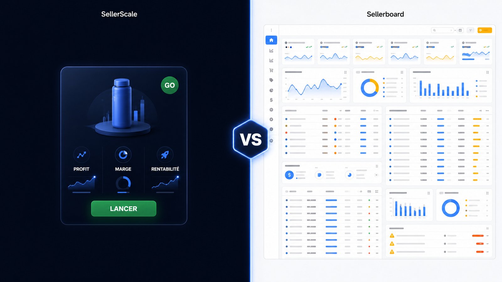 Comparatif SellerScale contre Sellerboard : à gauche SellerScale qui trouve un produit Amazon FBA gagnant déjà validé, à droite Sellerboard qui suit seulement les profits.