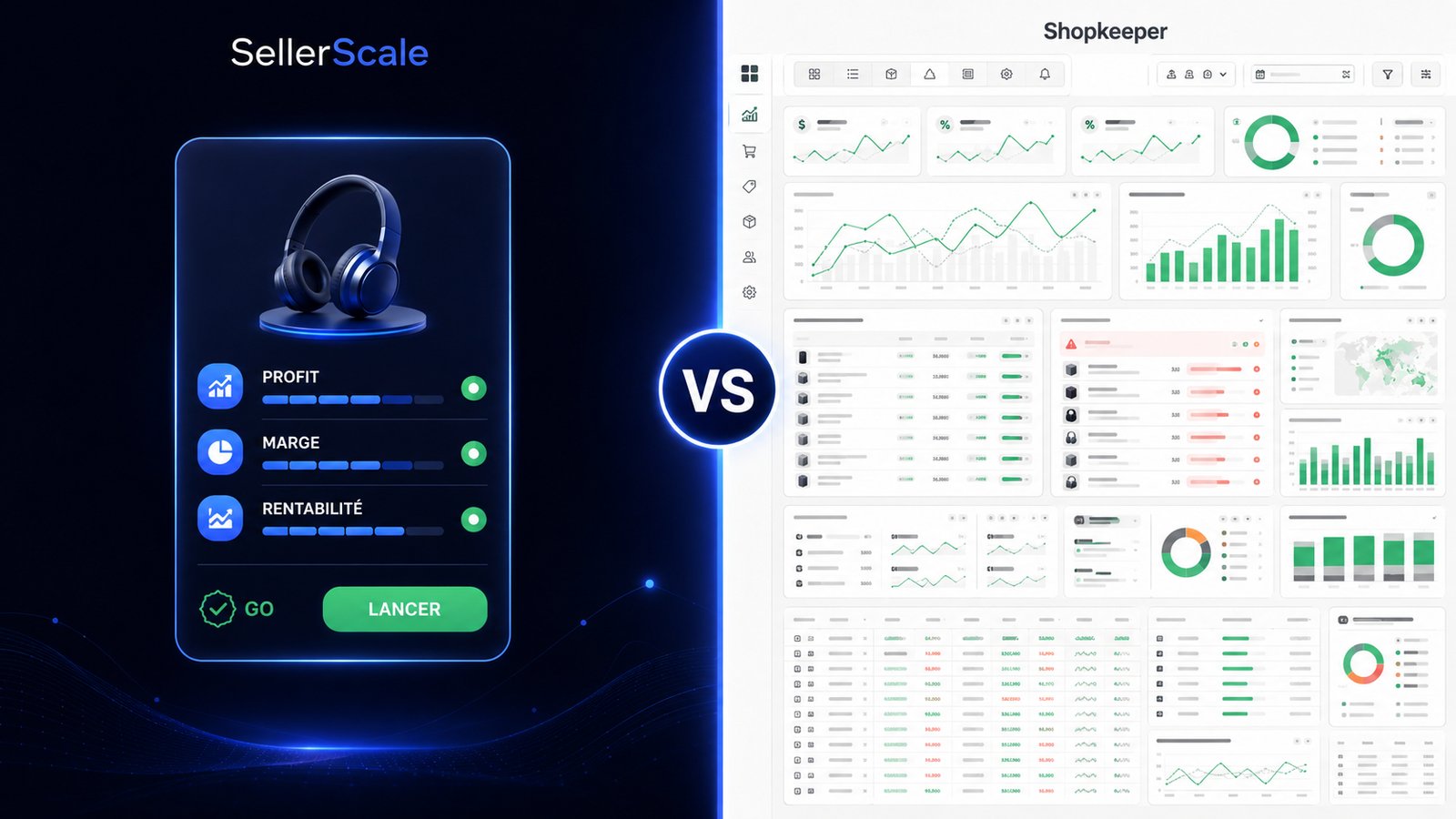 Illustration comparative SellerScale vs Shopkeeper : à gauche SellerScale, l'outil français qui trouve un produit Amazon FBA déjà rentable avant de se lancer, à droite Shopkeeper, simple suivi de rentabilité après coup.