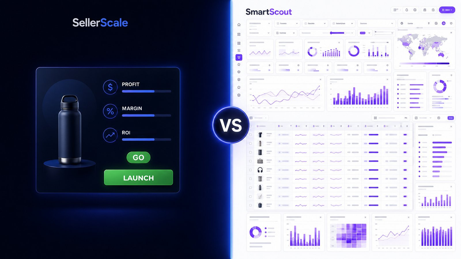 SellerScale vs SmartScout side by side: on the left SellerScale shows one Amazon FBA product it has already checked, with the numbers run for your budget, on the right SmartScout shows raw market data you have to read yourself.